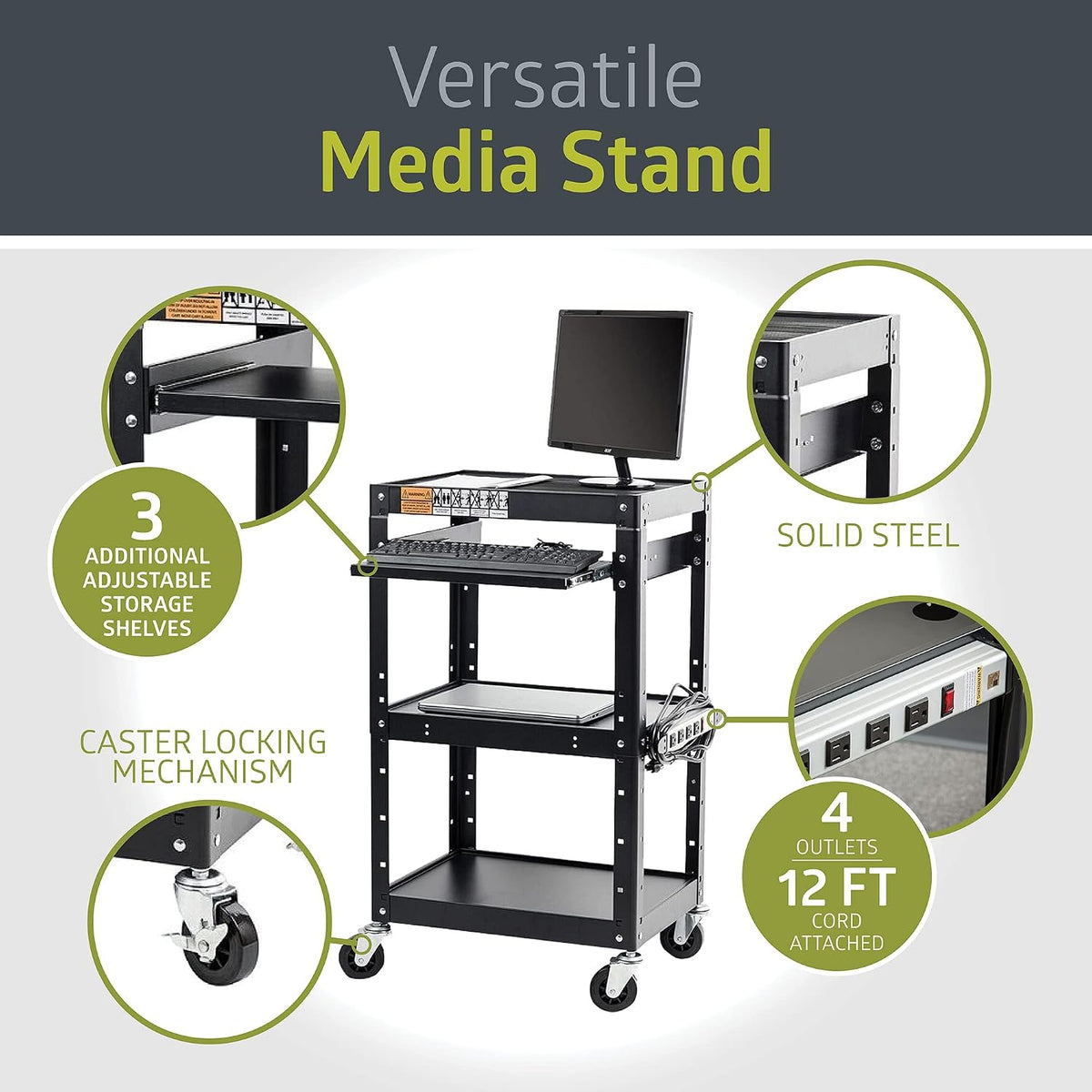 Pearington AV Presentation Cart Stand for Video Projector, TV, Laptop Computers, Printers, Metal Construction Rolling Storage Cart with Adjustable Shelves, 4 Wheels, 4 Outlets, 12ft Cord, Black - Field & Nook