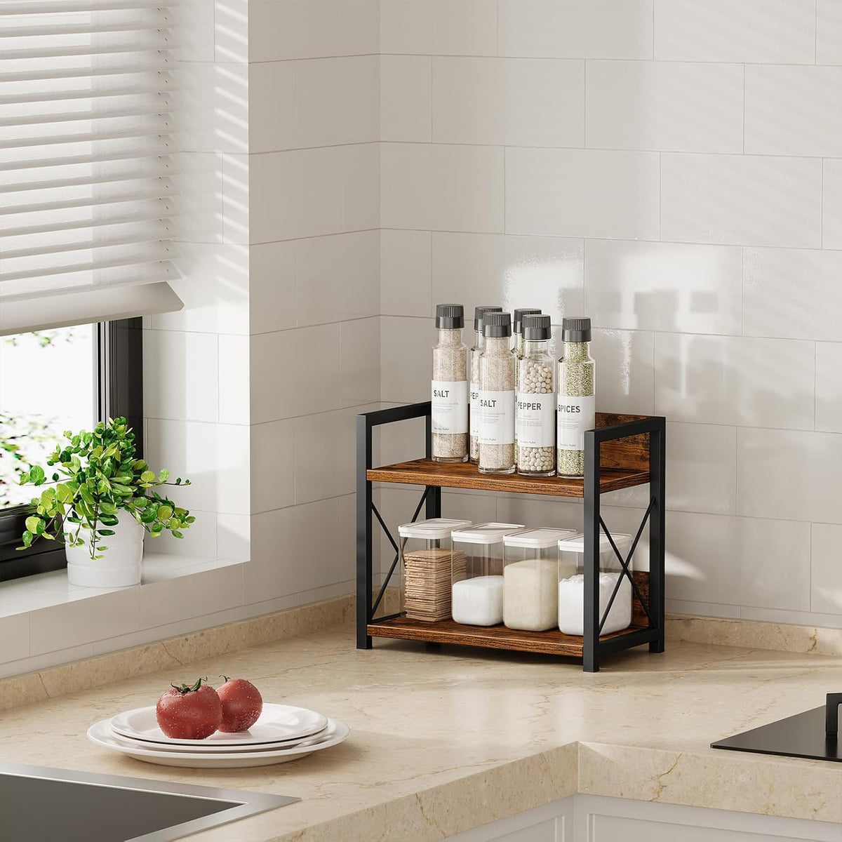 Giikin Countertop Shelf Organizer, 2 Tier Kitchen Spice Rack for Countertop, Wood Coffee Counter Shelf Organizer for Home (Brown, S) - Field & Nook