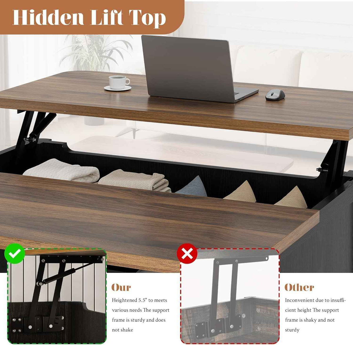 Decofy Lift Top Coffee Table with Storage and Shelves