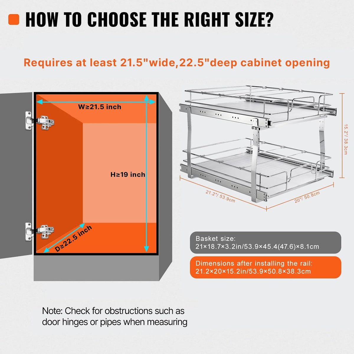 VEVOR 2 Tier 20"Wx21.2"Dx15.2"HPull Out Cabinet Organizer, Heavy Duty