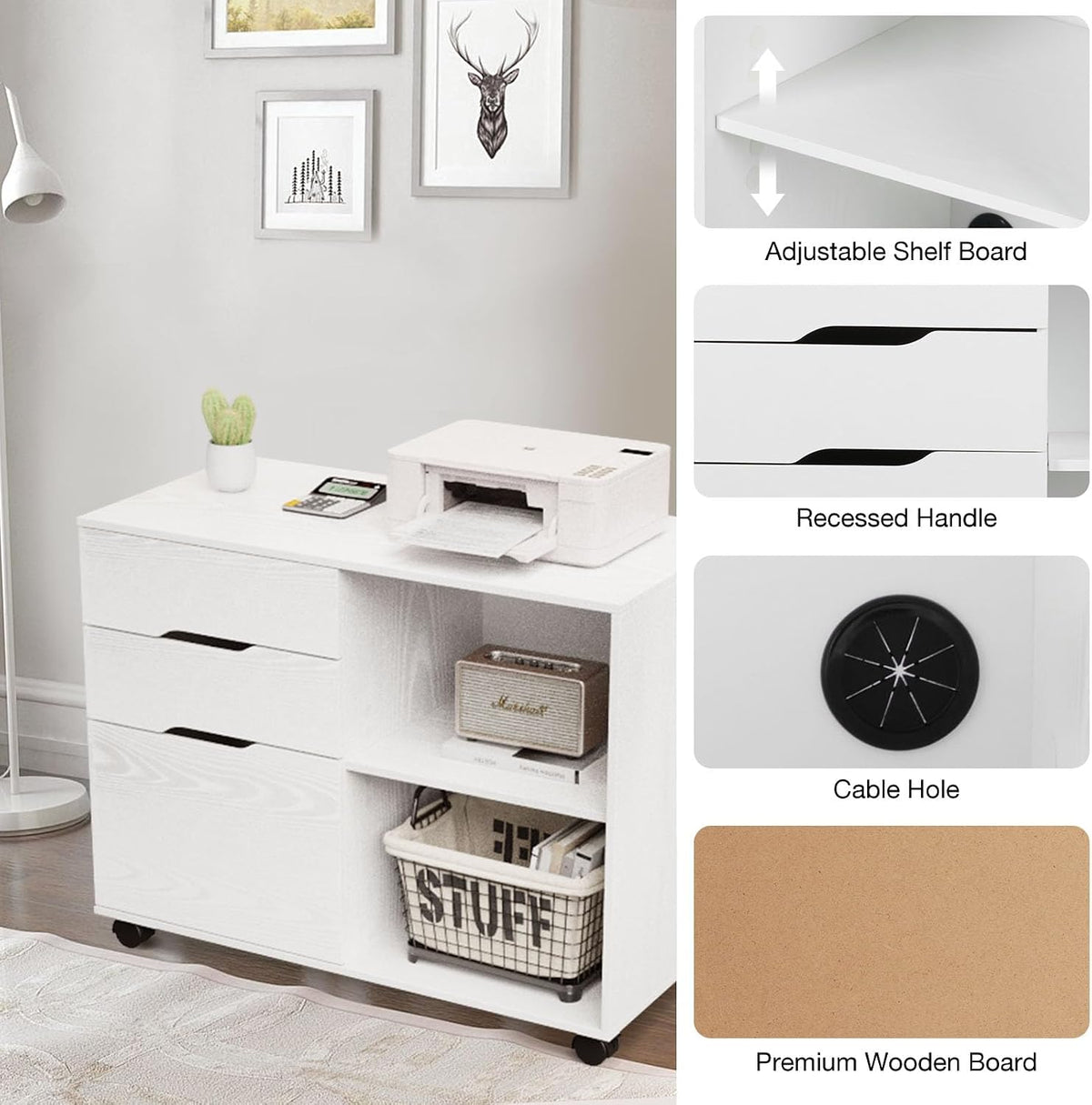 OLIXIS 3 Drawer Lateral File Cabinet, Rolling Printer Stand with Storage | Mobile Filing Cabinet Fits Under Desks, Holds A4/letter Files with Hanging Frame and Lockable Wheels, White - Field & Nook
