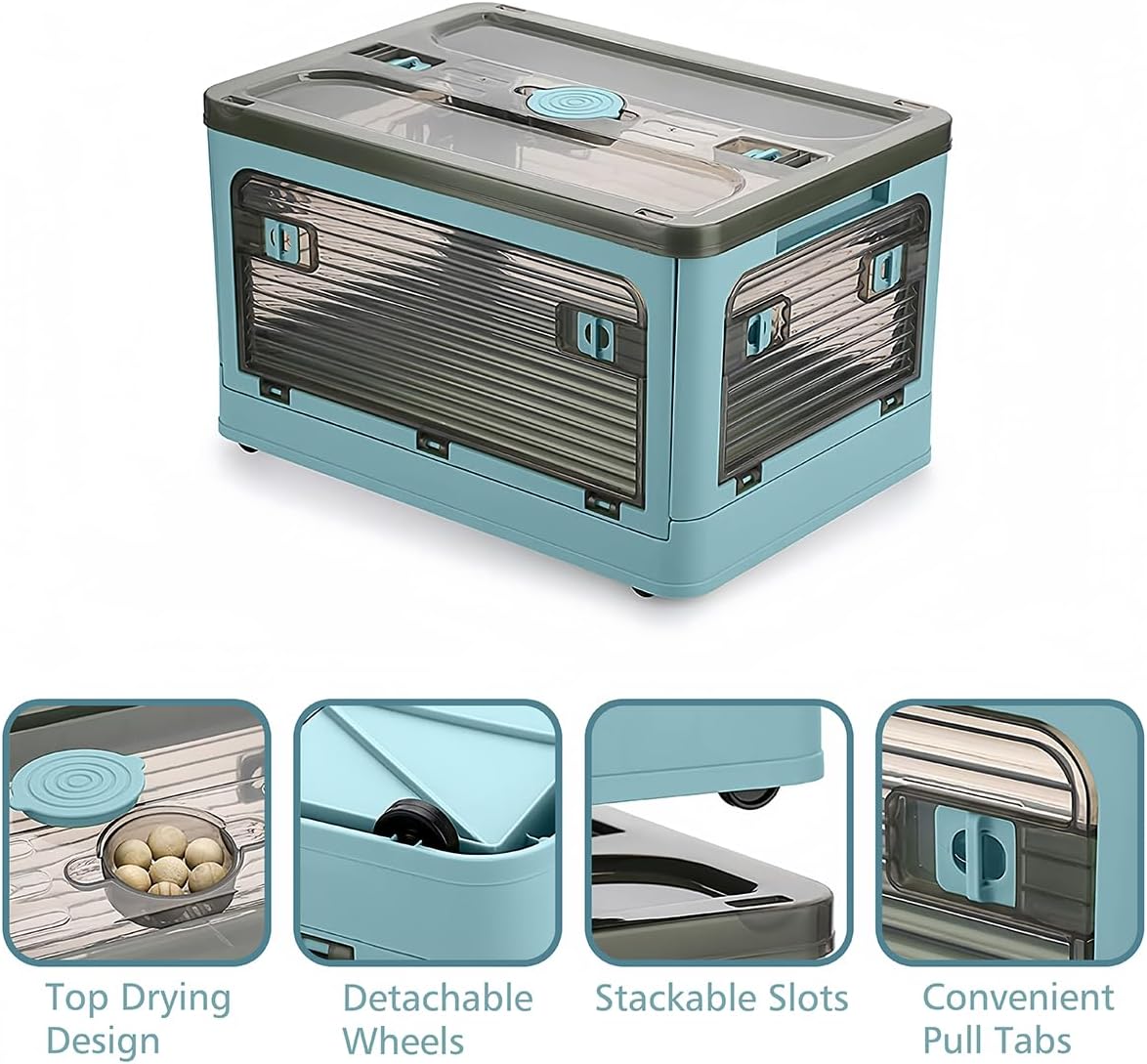 Folding Storage Bins, 50 Liters, 2 Pcs Blue plastic Storage Containers with Wheels, Double Doors, Foldable, Stackable, Plastic Box with Lids for Organization, Storage Cart - Field & Nook
