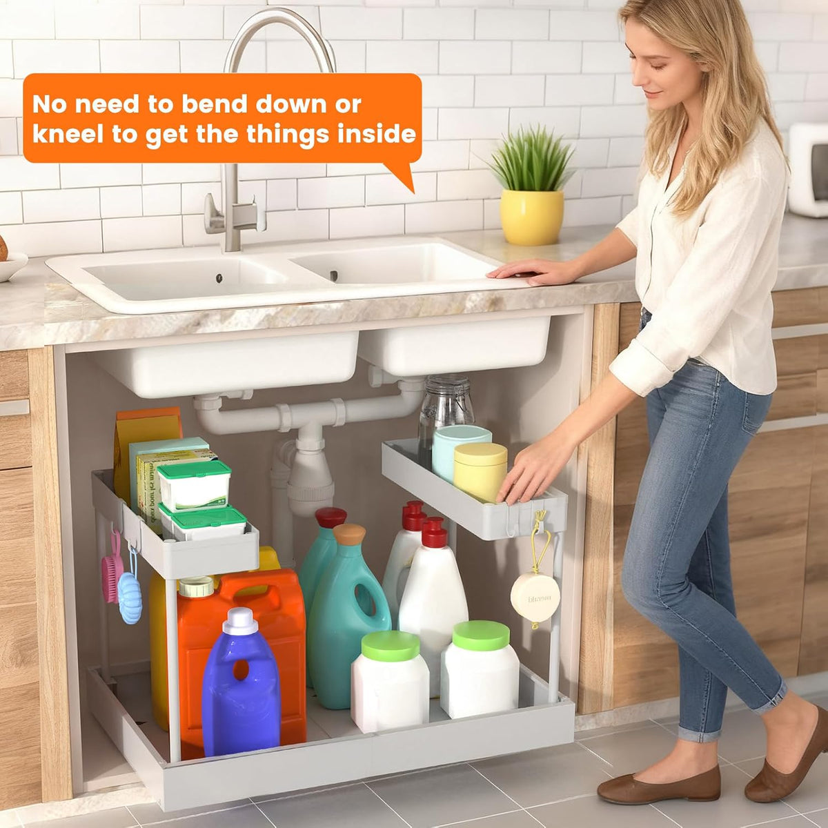 Expandable Under Sink Organizers and Storage,Width Adjustable (14.9-23.6IN),No Drill 2-Tier Pull Out Under Cabinet Organizer for Kitchen Bathroom Laundry White - Field & Nook