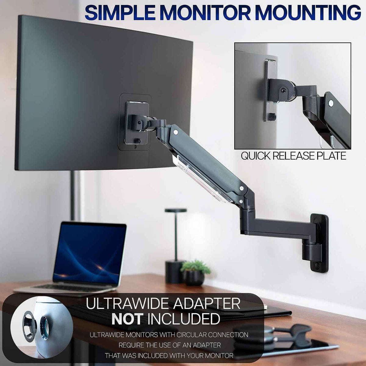 VIVO Premium Aluminum Heavy Duty Monitor Arm for Ultrawide Screens up to 49 inches and 44 lbs, Single Wall Mount, Pneumatic Height, Max VESA 100x100, Black, MOUNT-V101G1