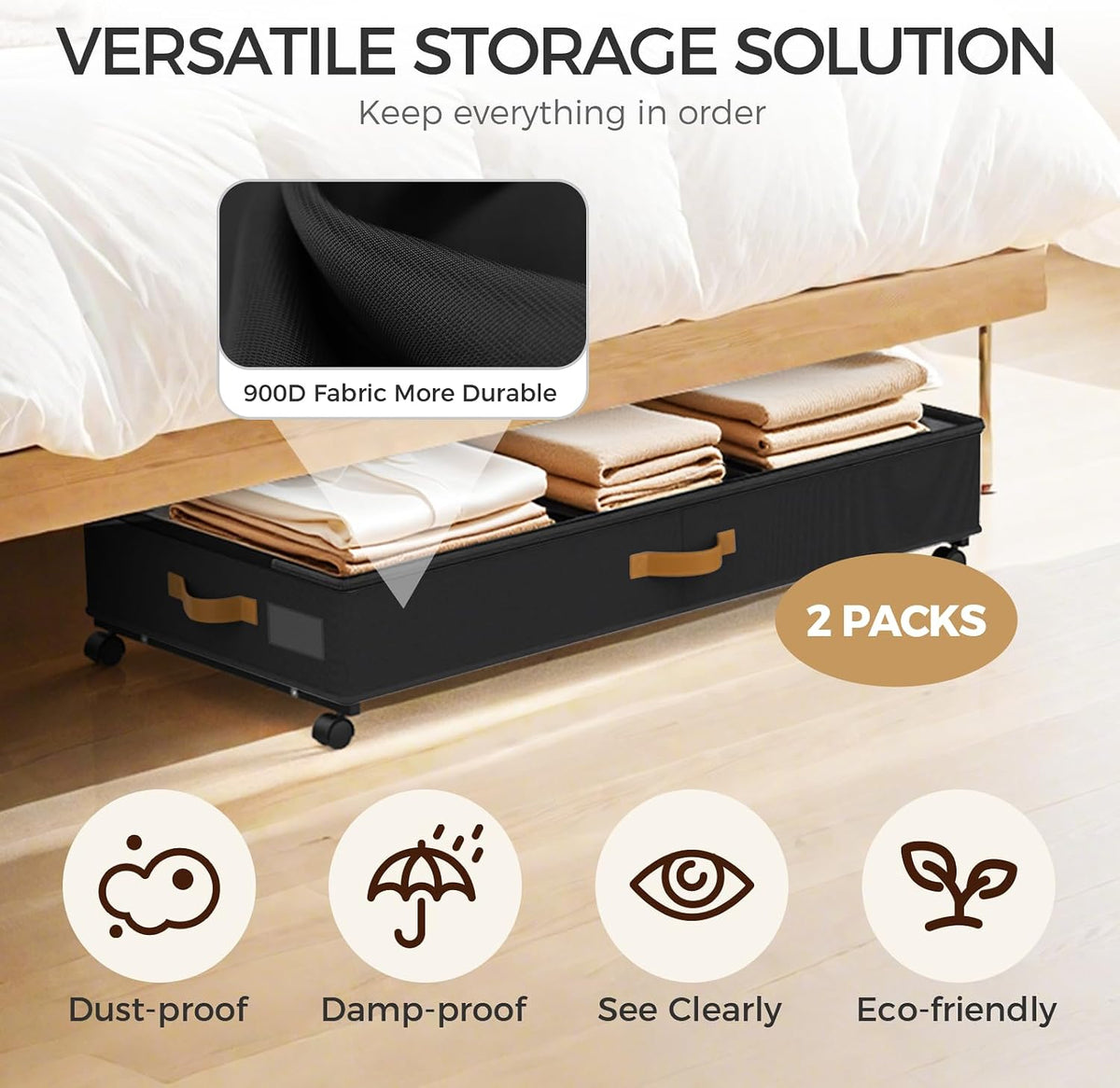 75L 2 Pack Adjustable Under Bed Storage with Wheels | Underbed containers with clear lids, rolling under bed shoe storage organizer for dorm home clothes, blankets, shoes, black - Field & Nook