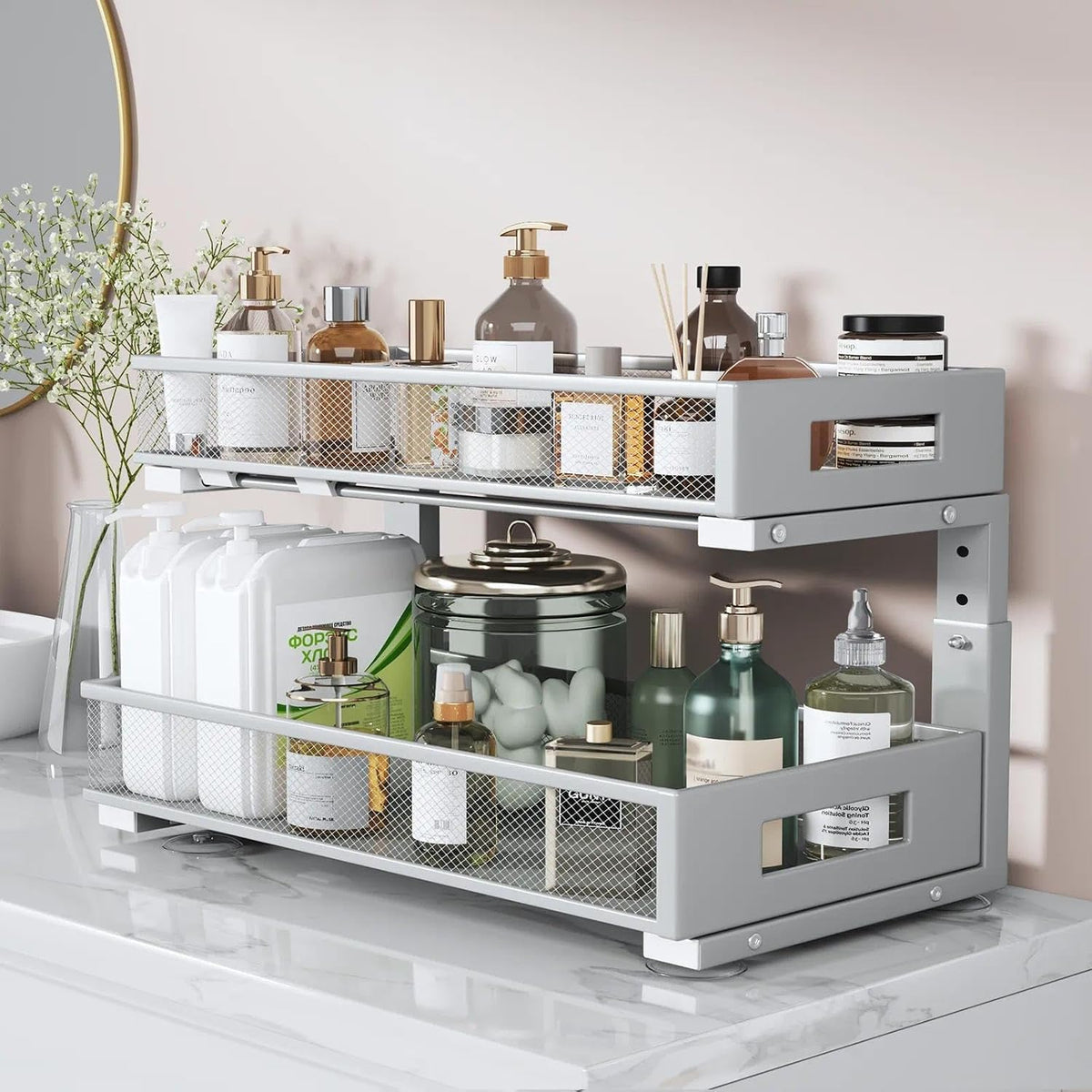 2 Packs 21IN Depth Under Sink Organizer, 2-Tier Pull Out Cabinet Organizer With Smooth Circular Rail, Large Capacity Metal Mesh Sliding Drawers For Bathroom& Kitchen Storage,Height Adjustable-Gun Gray - Field & Nook