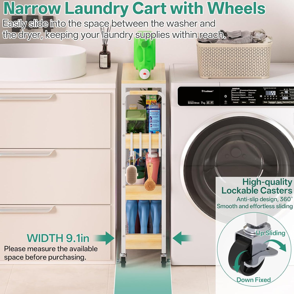 DTUQYX Laundry Room Organization Cart, 4 Tier Slim Rolling Cart for Small Narrow Spaces, Storage Shelf Cabinet with Wheels for Bathroom, Utility Room, Kitchen, Near Washer Dryer (9.1" Overall Width) - Field & Nook