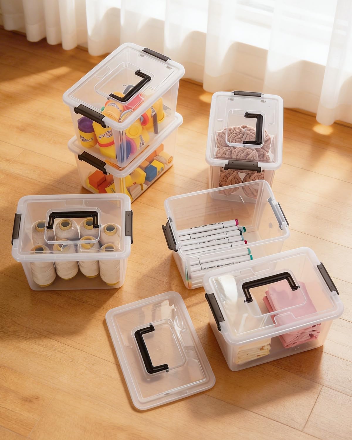Citylife 6 Packs 6 QT Plastic Storage Bins with Latching Lids Clear Storage Box with handle Stackable Storage Containers for Organizing Snacks, Crafts, Toys, Tools - Field & Nook