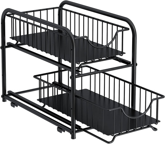 2-Tier Pull Out Organizer Under Sink Sliding Cabinet Rack,Black | Stackable Sliding Storage Drawer organizer with adjustable height and anti slip pad. Kitchen,Office or Cabinet Storage - Field & Nook