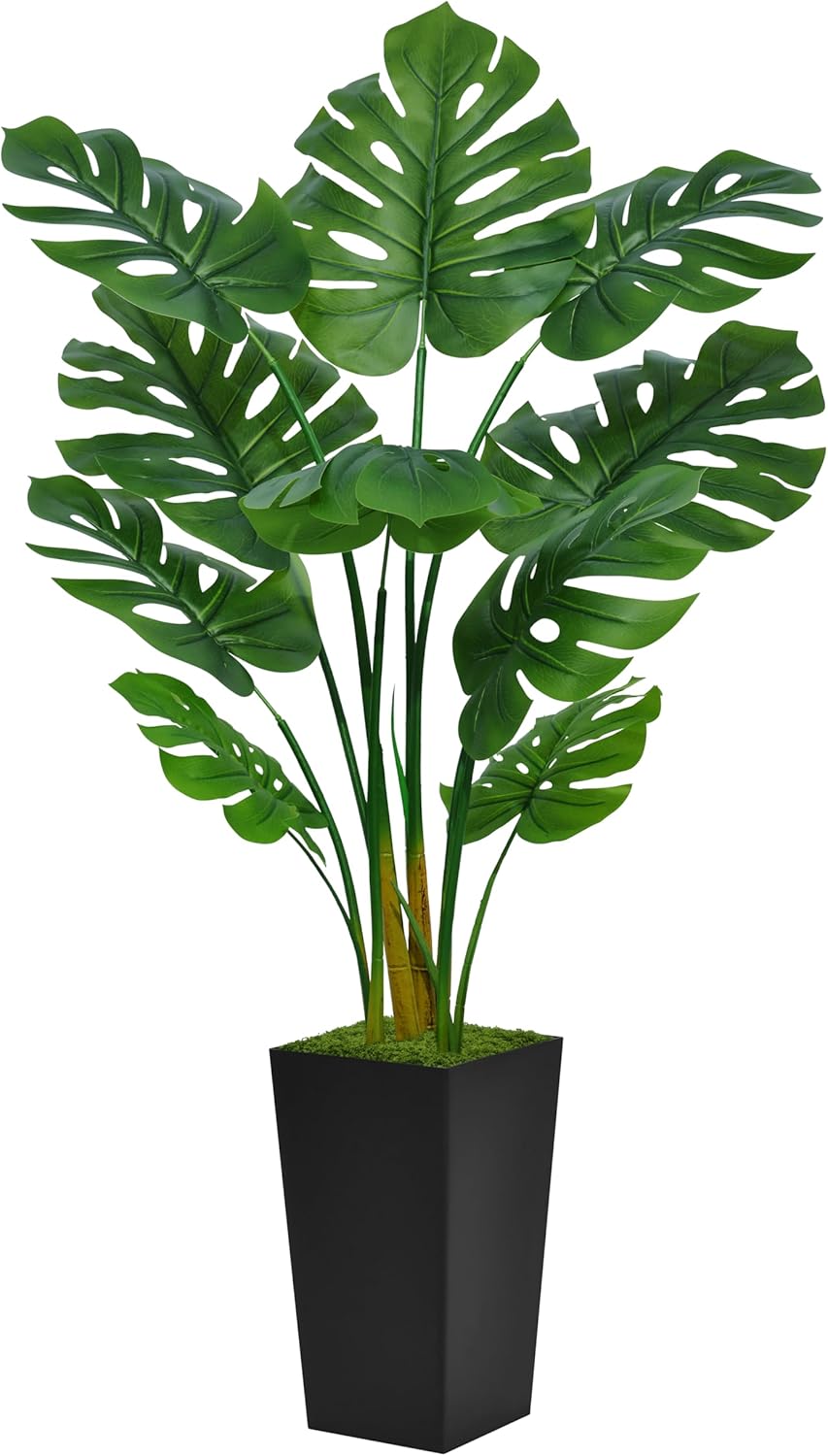 Artificial Monstera Deliciosa Plant 5FT - Faux Tropical Palm Tree with Black Tall Planter - Fake Swiss Cheese Floor Plant in Pot - Artificial Tree for Home Office Living Room Decor Indoor