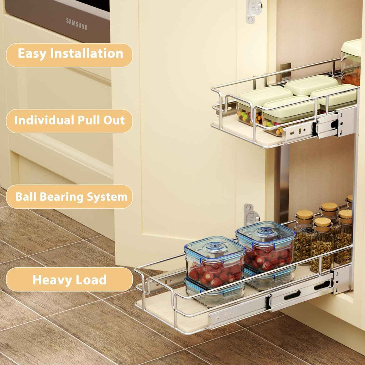 ROOMTEC 2 Tier Pull Out Cabinet Organizer, 7½"W x 21½"D