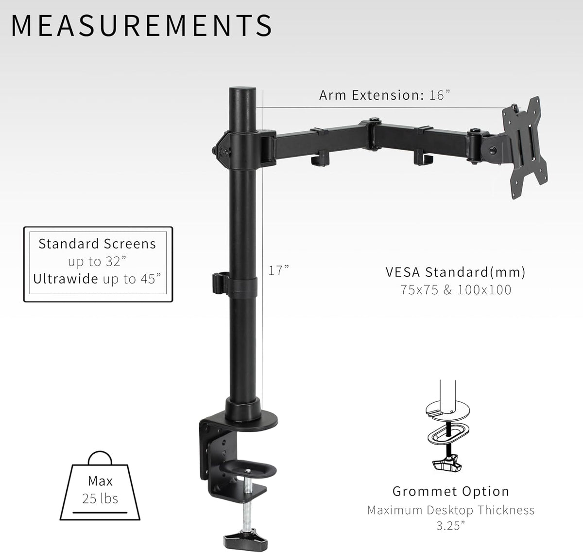 VIVO Single Large Monitor Arm Desk Mount, Holds Screens up to 45 inch Ultrawide, Fully Adjustable Stand with C-Clamp and Grommet Base, VESA 75x75mm or 100x100mm, Black, STAND-V149 - Field & Nook