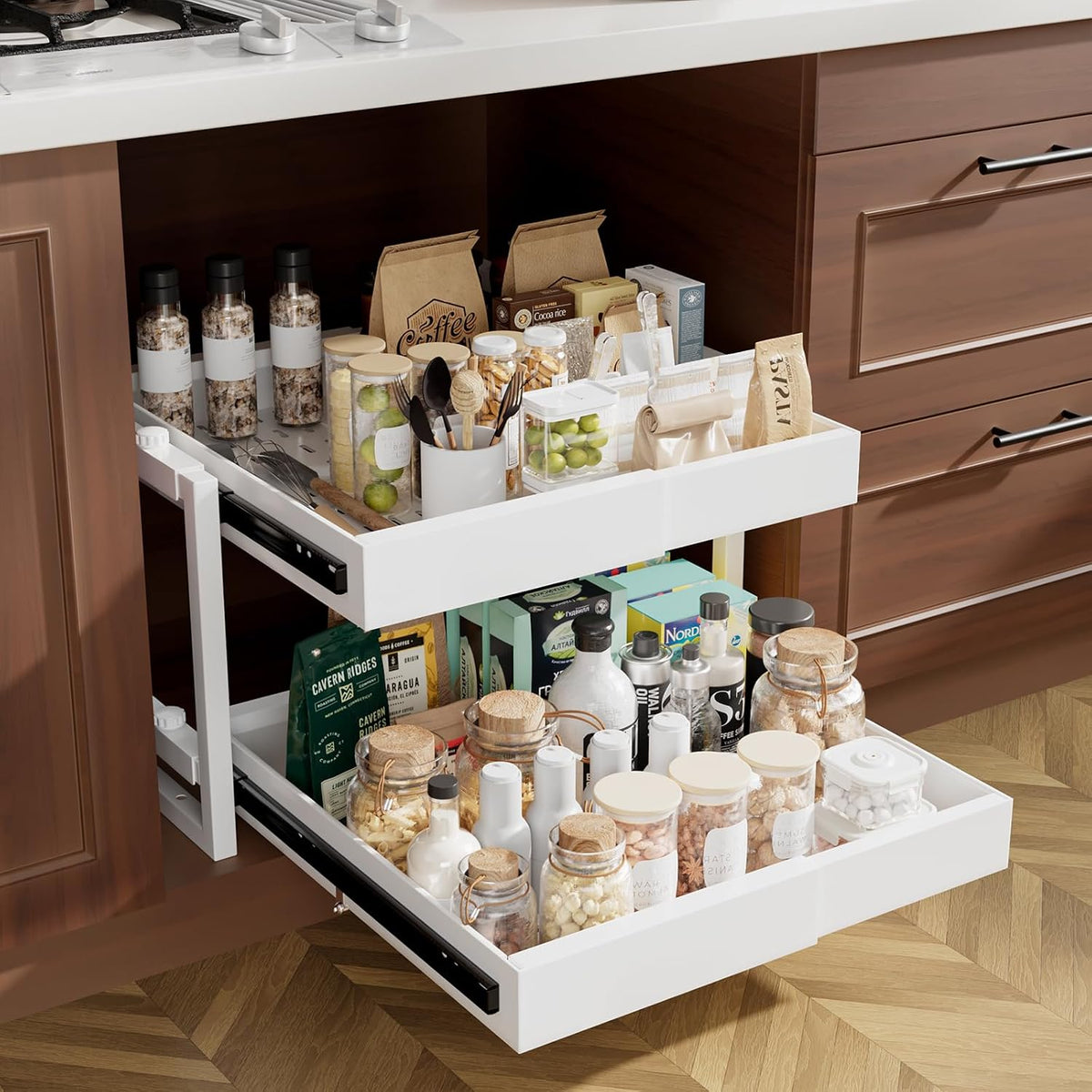 2-Tier Expandable Pull Out Cabinet Organizer, Heavy Duty Adjustable Width Metal Slide Out Shelf, No Screw Cabinet Storage Rack for Kitchen Bathroom 17in Depth Cabinet（White） - Field & Nook