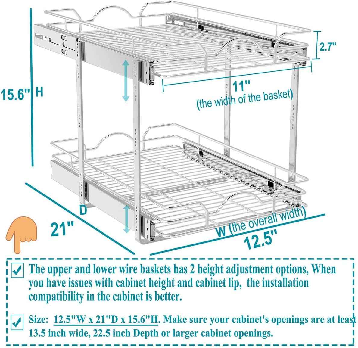 OCG 2-Tier Pull-Out Cabinet Organizer, 12.5" W x 21" D