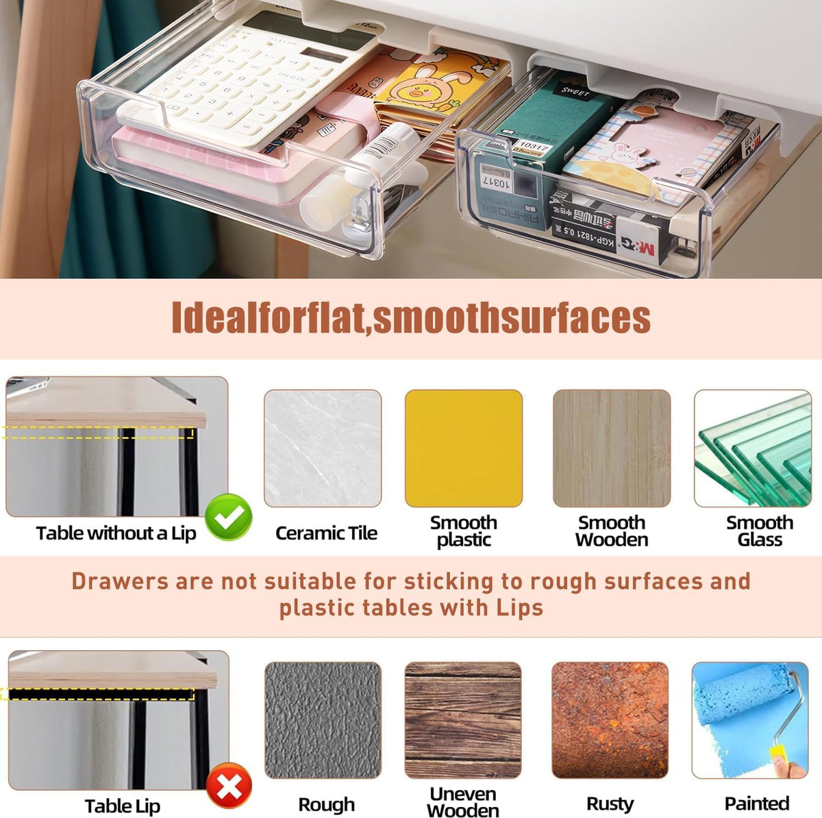 2 Pack Under Desk Storage Drawers Slide Out-Drill-On or Self-Adhesive,Large&Medium Drawer Under Desk Organizer Under Table Drawer for Home Office School Organization and Storage - Field & Nook