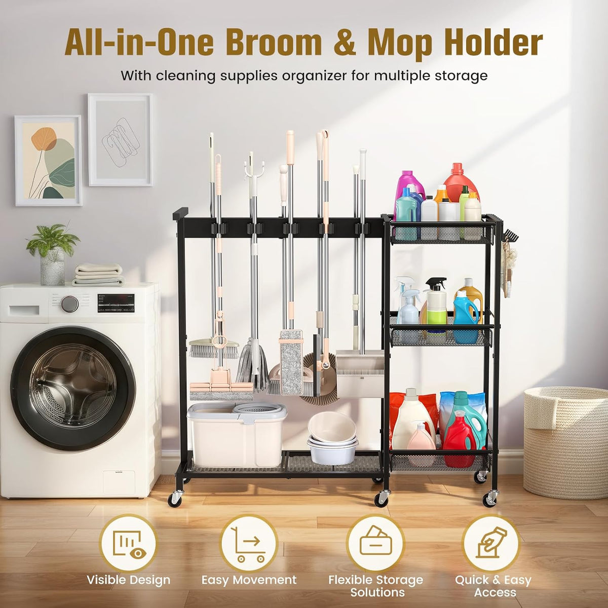 Broom Holder with Cleaning Supplies Organizer – 3-Tier Shelves - Field & Nook