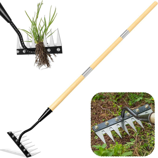 Iron Weeding Rake with Long Handle 2.0, Upgraded 8 Teeths Garden Weed Puller Tool Heavy Duty Gardening Tool for Lawn, Flower Beds & Soil Aeration