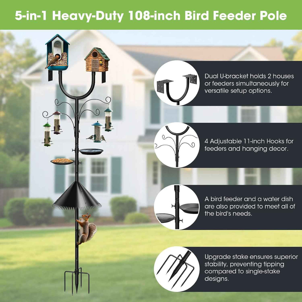Bird Feeder Pole Squirrel Proof,Adjustable 47"-108" Heavy Duty Bird House Pole,Upgraded U-Shape Platform,4 Shepherd Hooks for Feeder Stand,Includes Birdbath,Tray for Outdoor Garden & Yard