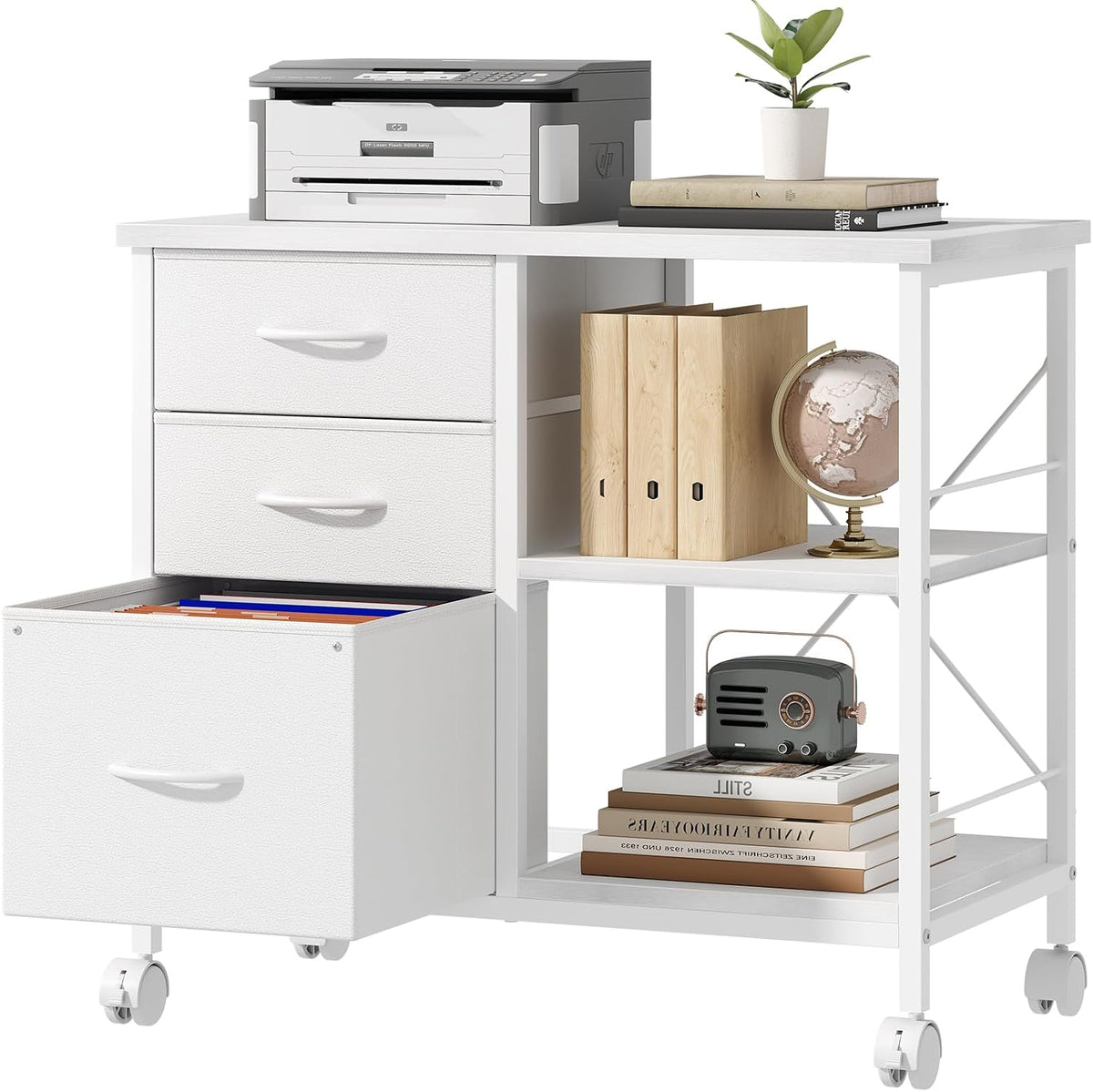 DUMOS 3-Tier Mobile File Cabinet, Rolling Printer Stand with Storage | Fabric Lateral Filing Cabinet fits A4/Letter Size, Under Desk Drawer Cabinet, Printer Cart for Home Office, White - Field & Nook