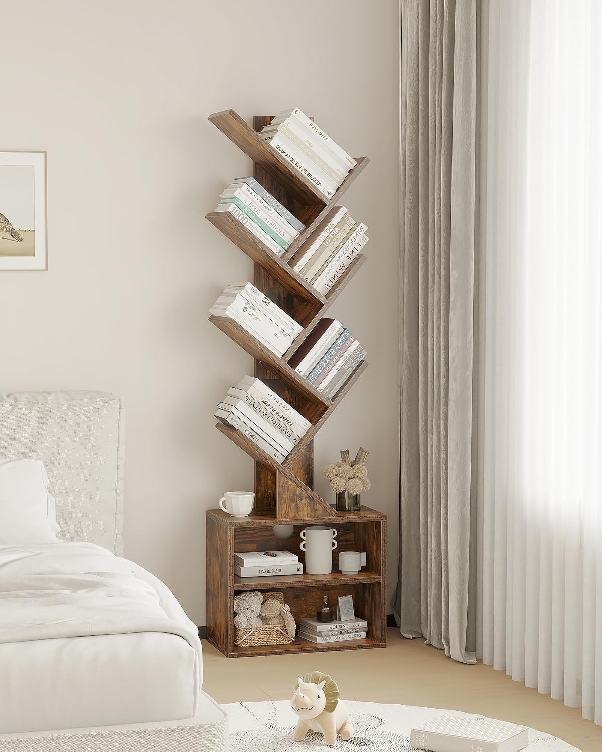 Six-Tier Tree Bookshelf – Narrow Corner Display with Cabinet