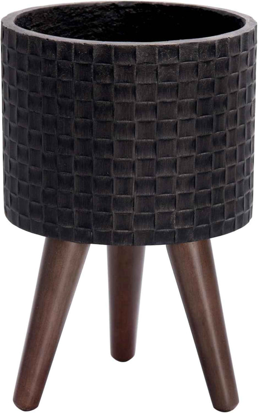 D'vine Dev 8 Inch Modern Geometric Tile Patterned Sleek Planter Pot with Stand, Indoor Outdoor Decorative Plant Holder, Distressed Black, 88-Z-A-5
