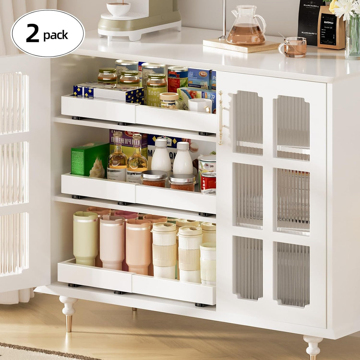 Delamu 2 Pack Pull Out Cabinet Organizer, 16" Deep, White