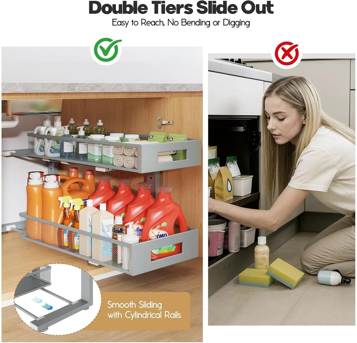 2 Packs 21IN Depth Under Sink Organizer, 2-Tier Pull Out Cabinet Organizer With Smooth Circular Rail, Large Capacity Metal Mesh Sliding Drawers For Bathroom& Kitchen Storage,Height Adjustable-Gun Gray - Field & Nook