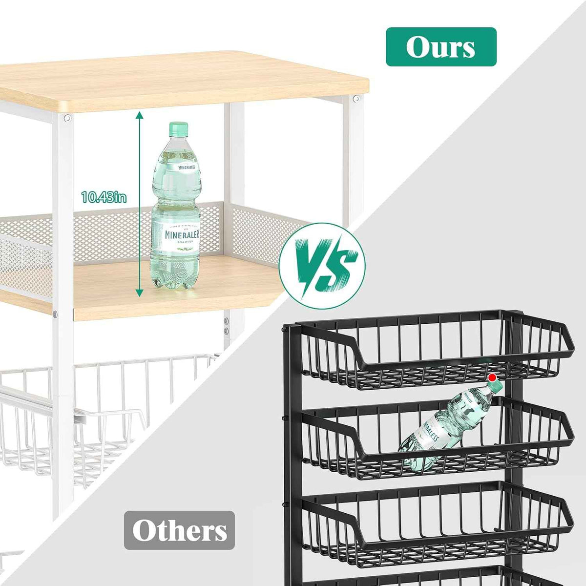 4-Tier Fruit Vegetable Storage Cart Rolling Kitchen Cart with Drawer | Pull-out basket, wood rack, durable & sturdy, fits pantry, living room, bathroom, 360° wheels with brakes, wood top, white