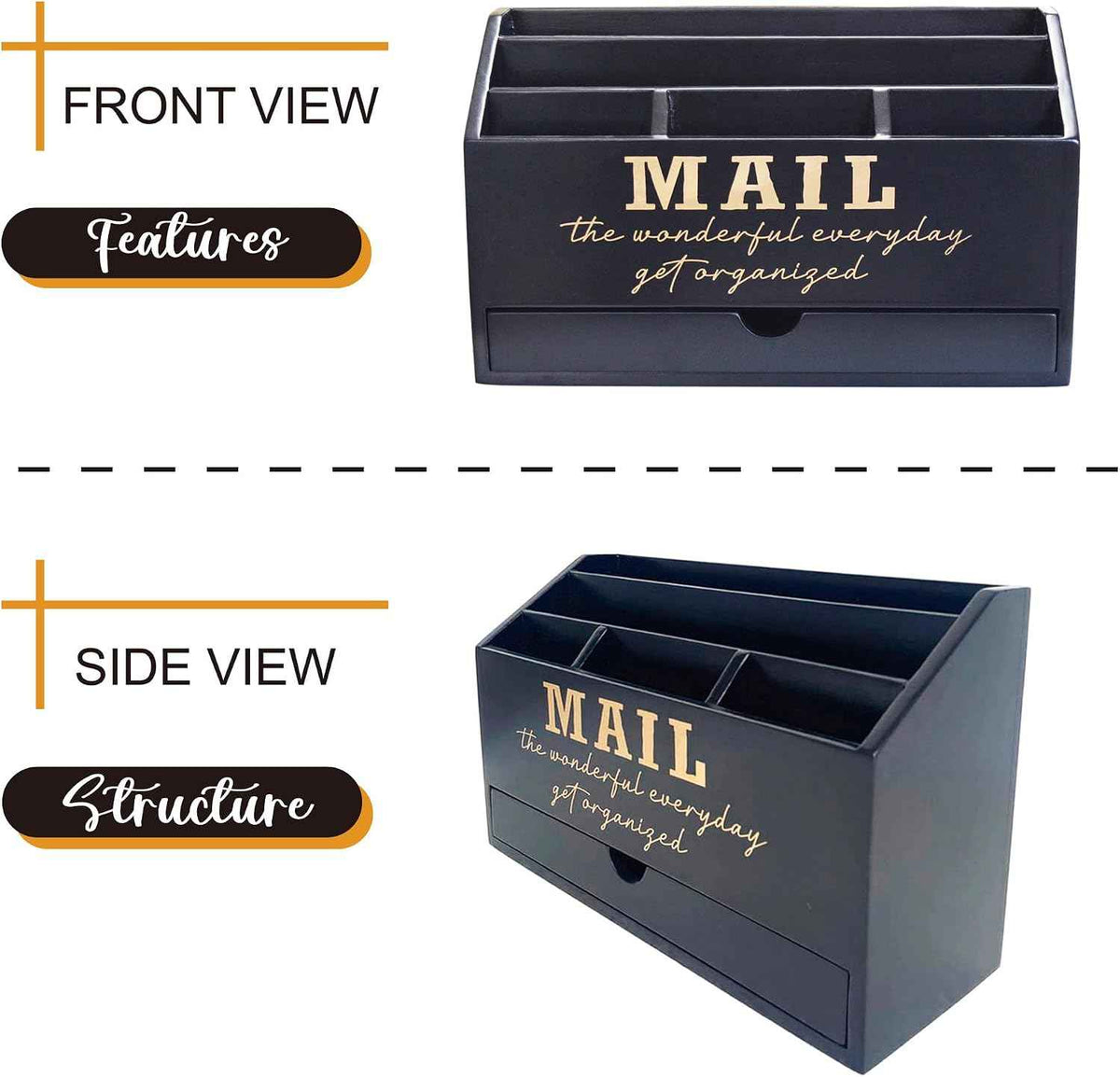 EXQUIDECA Wooden Black Rustic Countertop Mail Storage Holder with Drawer and Compartments - Office Desk Accessories and Workspace Organizers - Desktop Sorter for Pen Stationery Letter Files Documents