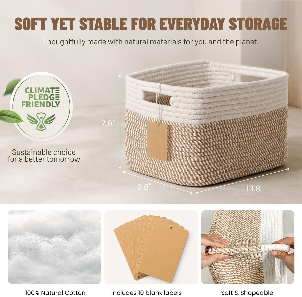 5 Pack Woven Storage Baskets, Decorative Storage Bins for Organizing | 13.8'' × 9.8'' × 7.9'', Cotton Rope Basket Organizer for Closet, Shelves, bathroom, Nursery, Toys, Books, Pantry, Khaki/White - Field & Nook