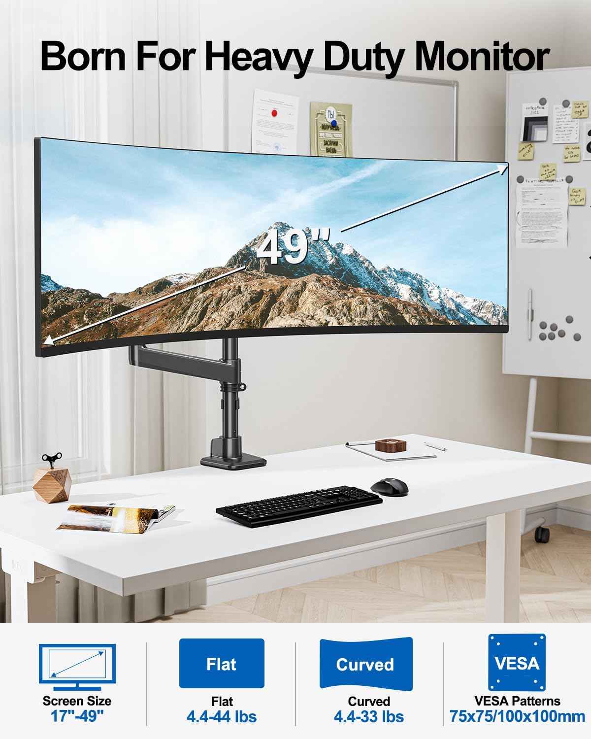Heavy Duty Single Monitor Mount for Max 49" Ultrawide Screens | Hold 7.7 to 44 lbs, Premium Monitor Arm for Samsung Odyssey G9 and More, Adjustable Gas Spring Desk Stand, VESA Mount