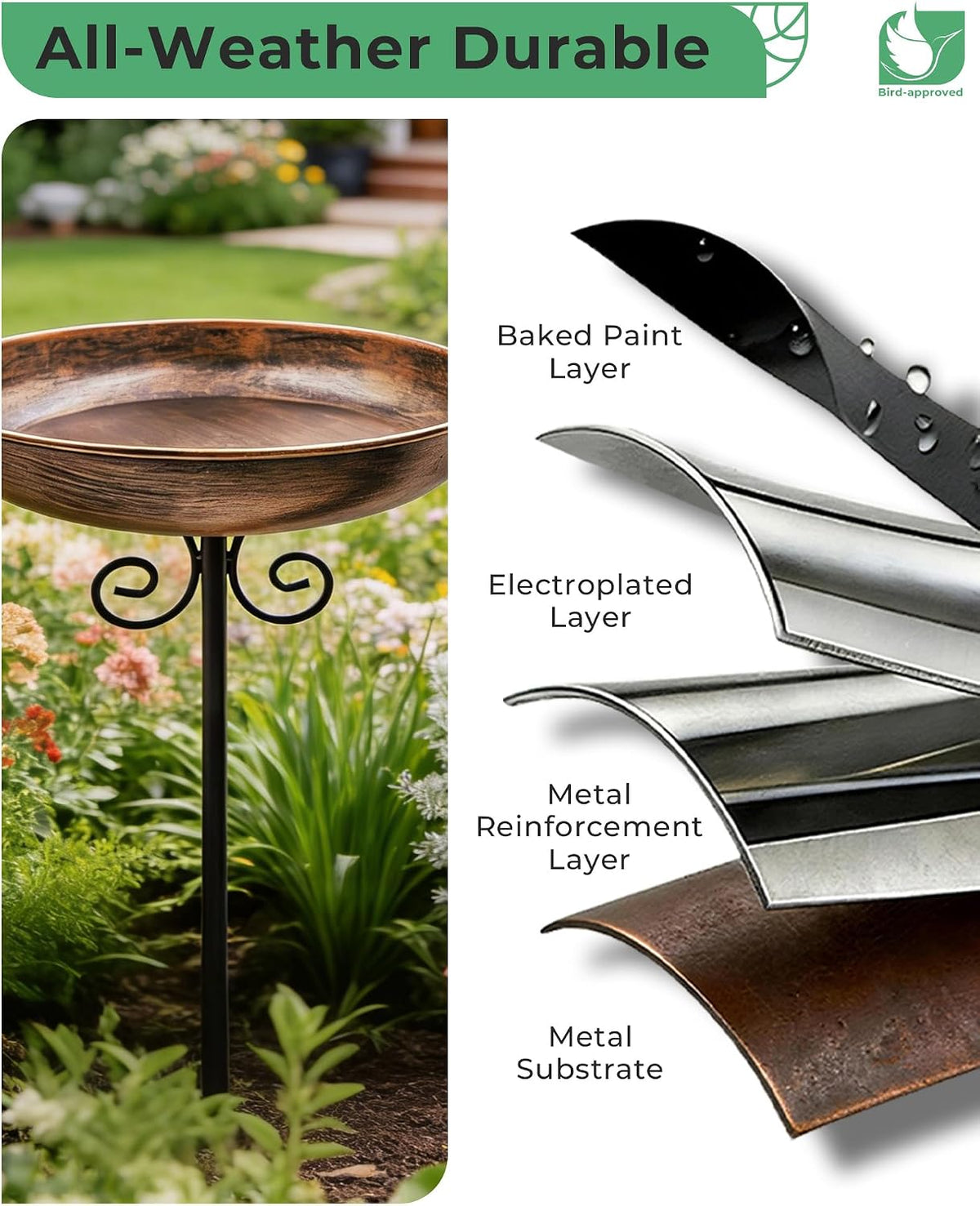 10" Small Metal Bird Bath with Stake, Outdoor Birdbath for Garden | 5-Prong Stake, Adjustable Height, Rust Resistant Finish, Easy Assembly, Shallow Bowl Design, Lawn Patio Decor