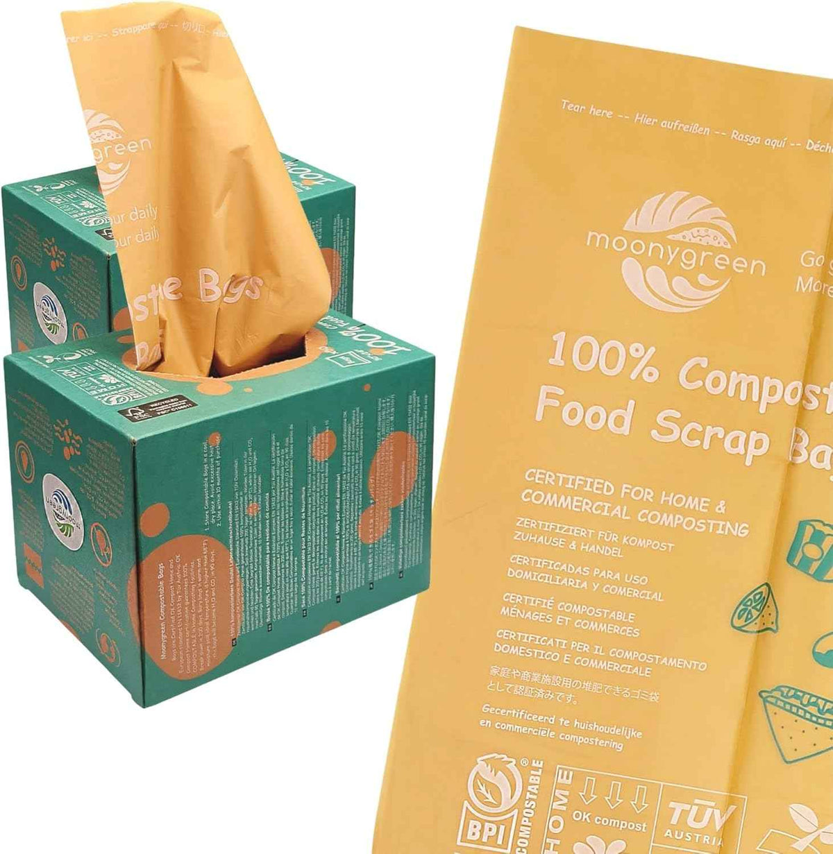 Compostable Trash Bags 13 Gallon, Tall Kitchen Food Waste Bags, US BPI ASTM D6400 and Europe OK Compost Home Certified, Heavy-Duty, 49.2 Liter, 100 Count, Extra Thick