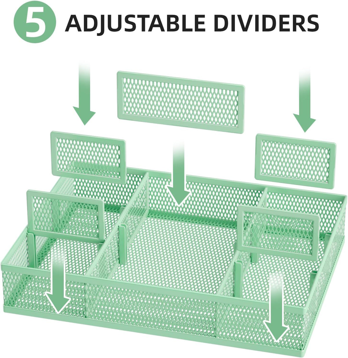 Marbrasse 2 Pack Desk Drawer Organizer, Mesh Drawer Organizer Tray with 8 Adjustable Compartments, Desk Organizers and Accessories, 5 Dividers Drawer for Office Supplies, Makeup & Vanity (Green) - Field & Nook