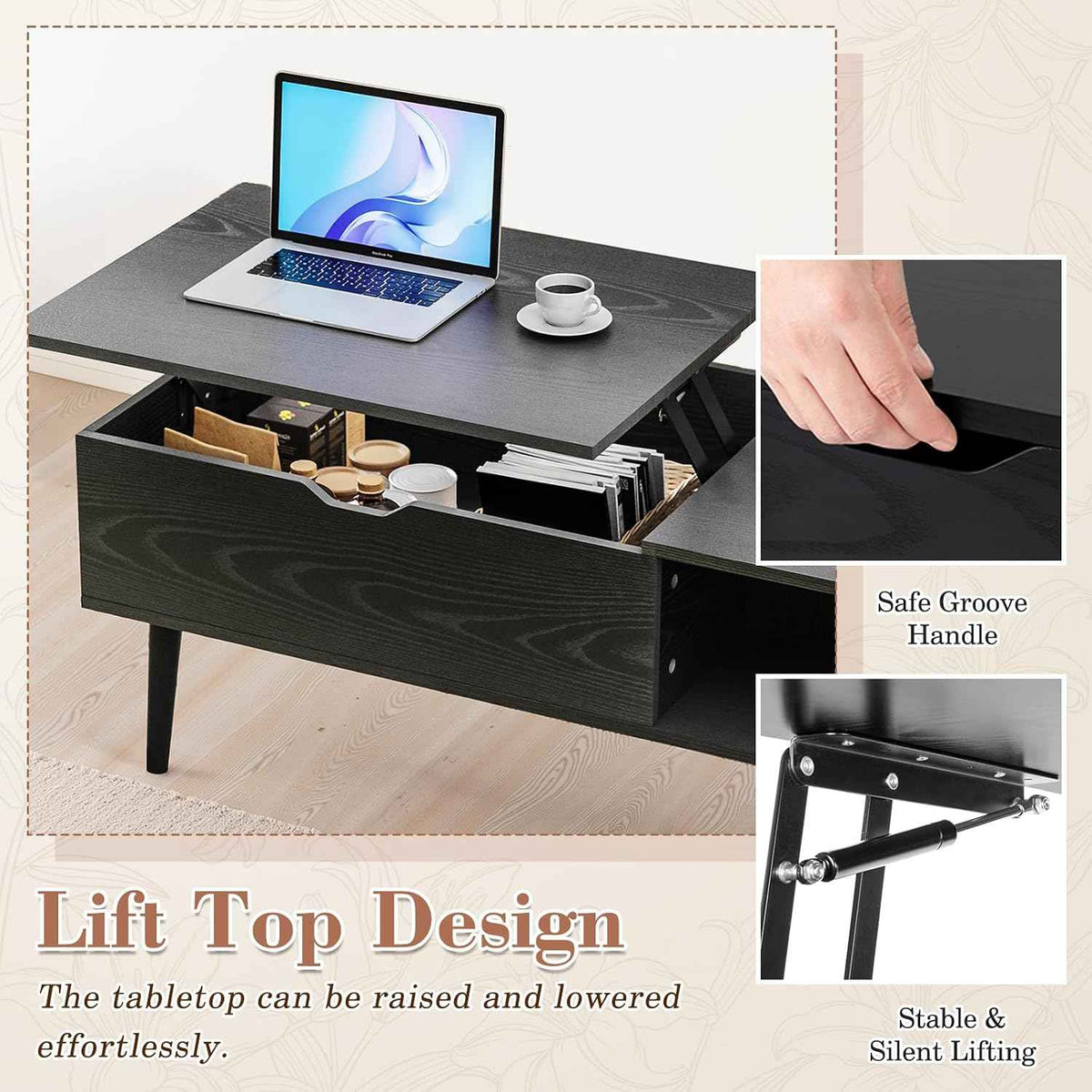 OLIXIS Lift Top Coffee Table with Hidden Storage, Black