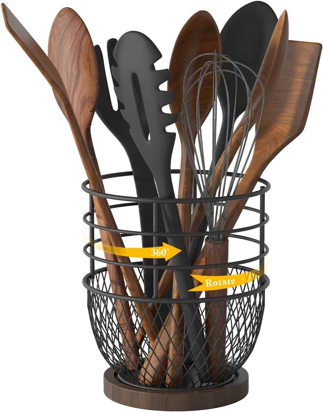 360° Rotating Utensil Holder, Iron with Wooden Base