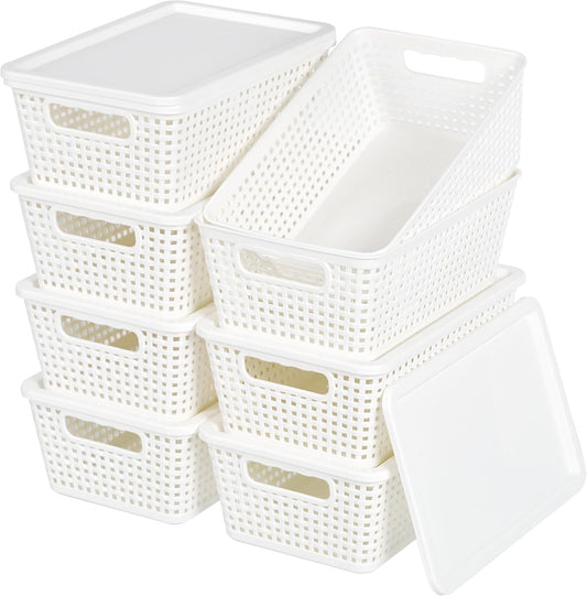 Plastic Storage Baskets With Lid, Storage Bins for Organizing, Stackable Decorative Containers for Shelves Drawers Desktop Closet Playroom Classroom Office, 8 Pack-White - Field & Nook