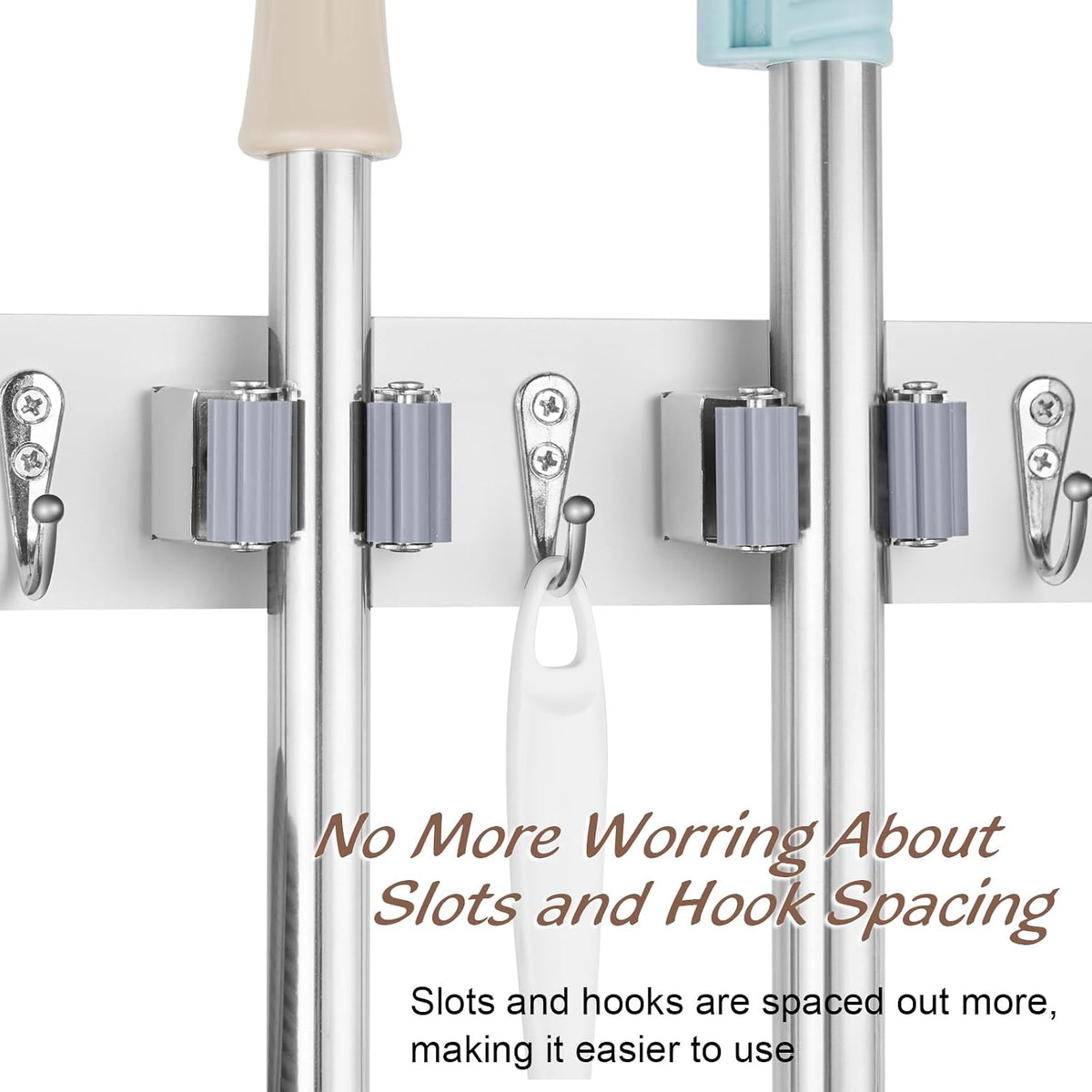 White Mop Broom Holder Wall Mount with 4 Slots & 4 Hooks - Field & Nook