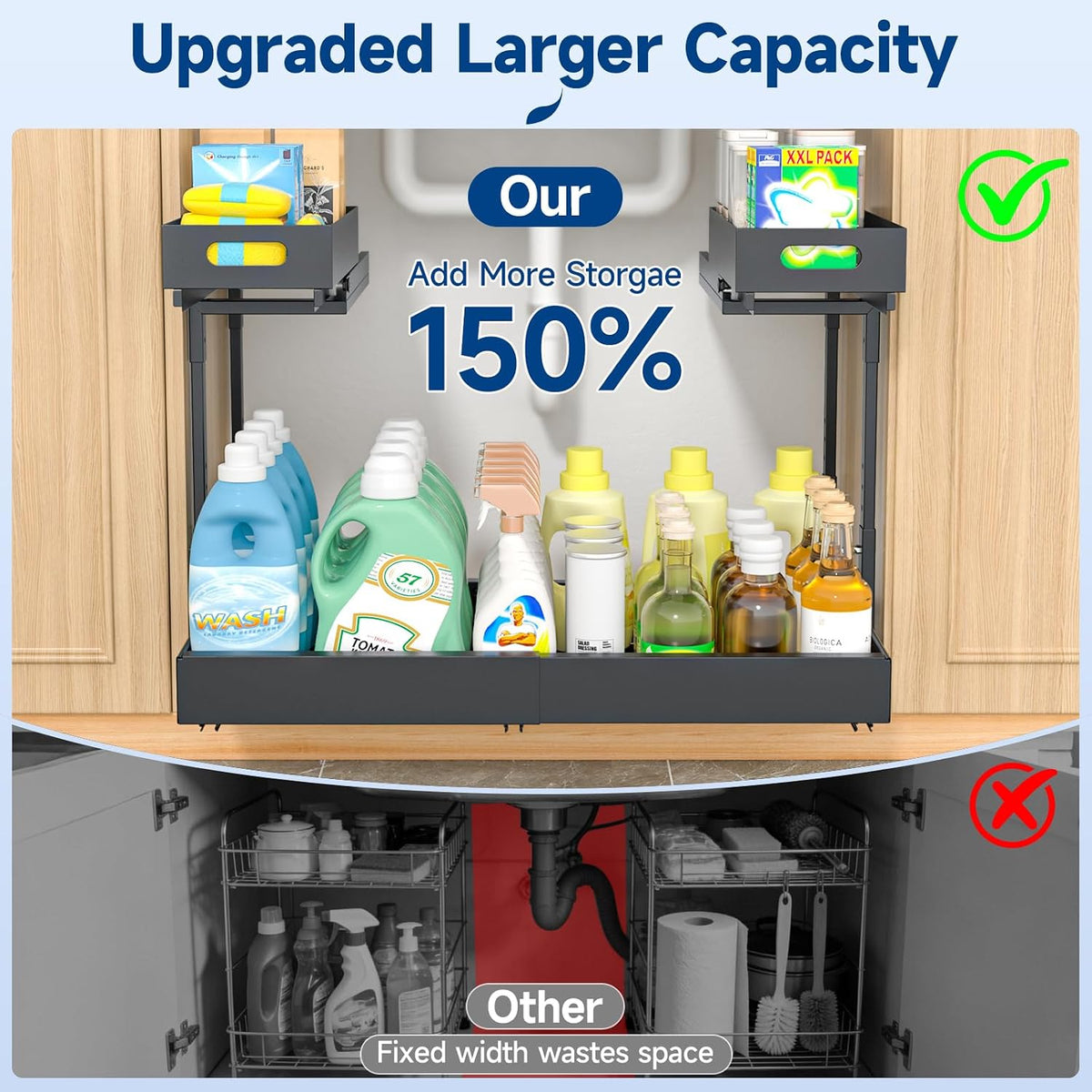Insputer Upgrade Expandable Under Sink Organizer, 2 Tier Metal Under Cabinet Storage with 3 Slide Rails, Height Adjustable, Thickened Pull Out Drawer Shelf for Bathroom, Kitchen, Laundry, Pantry - Field & Nook