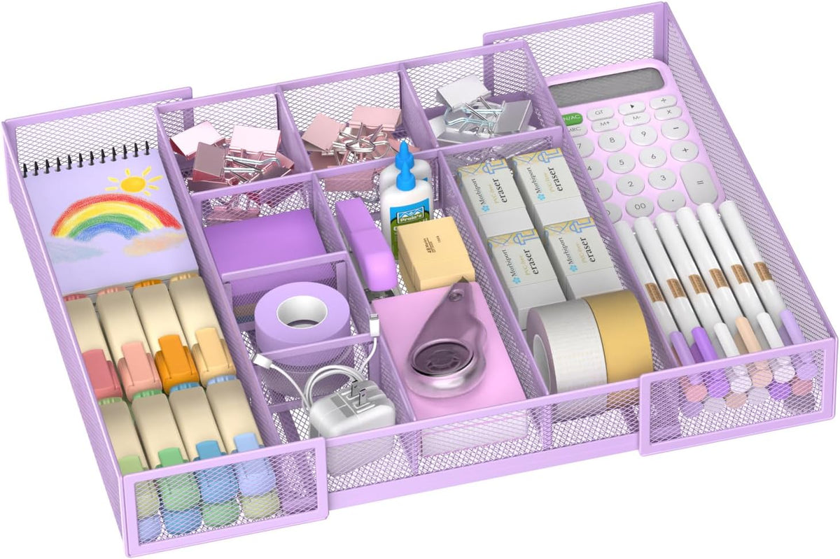 Expandable Desk Drawer Organizer, 10 Adjustable Compartment, Purple | Metal mesh drawer organizer tray with 5 removable dividers, expands from 8.74 to 16 in for office supplies, makeup or tools - Field & Nook