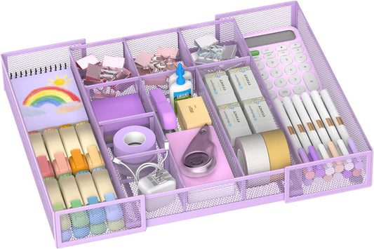 Expandable Desk Drawer Organizer, 10 Adjustable Compartment, Purple | Metal mesh drawer organizer tray with 5 removable dividers, expands from 8.74 to 16 in for office supplies, makeup or tools - Field & Nook