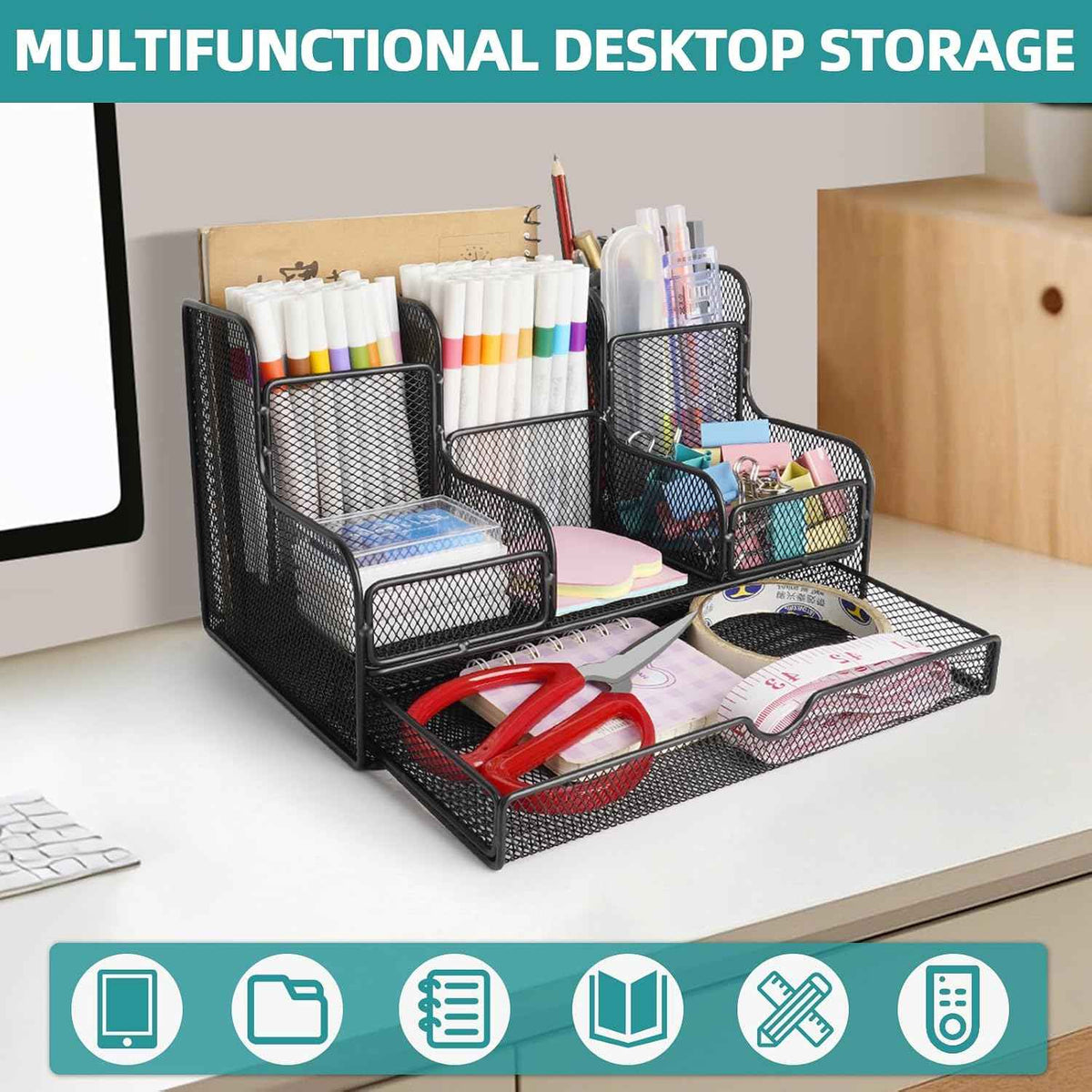 Black Mesh Desk Organizer Caddy and Accessories with 7 Compartments, Mesh Multifunctional Desktop Accessories Organizers Office Supplies Desktop Organizer for Home, Office