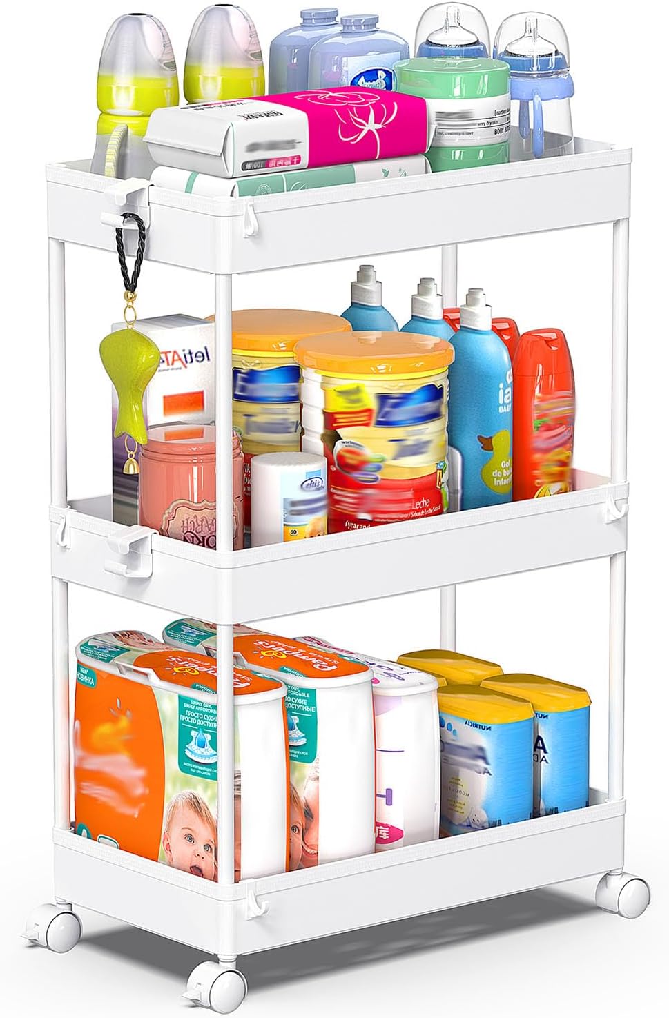 SPACEKEEPER 3 Tier Rolling Cart, Bathroom Cart Organizer with Wheels, White | Mobile Storage Cart for Laundry Room Organization,Kitchen,Office,Bathroom, Utility Cart for Snack,Craft,Art,Makeup,Nail,Toys - Field & Nook