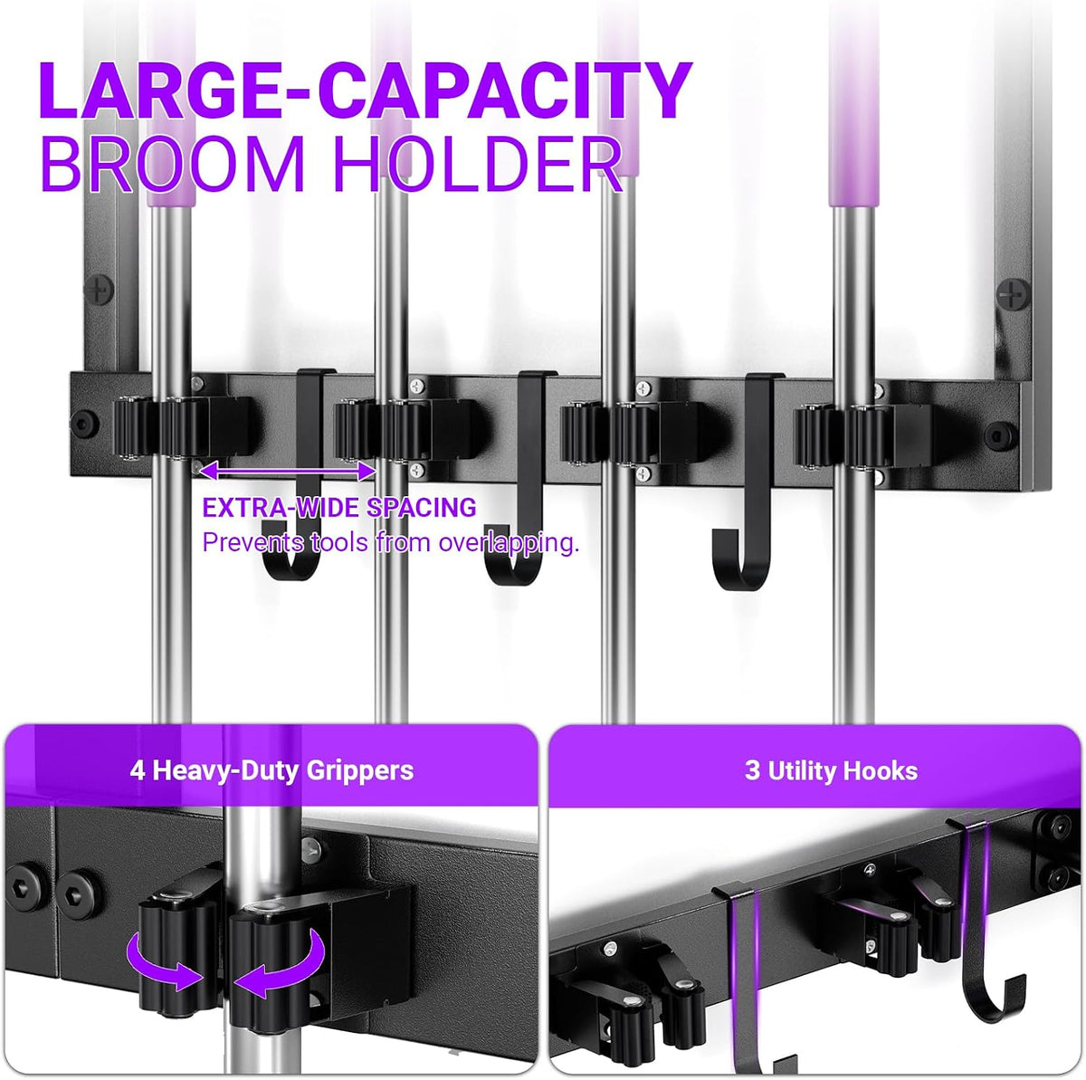 Heavy Duty Broom Holder Wall Mount – All-Metal Mop Rack with Storage Shelves - Field & Nook