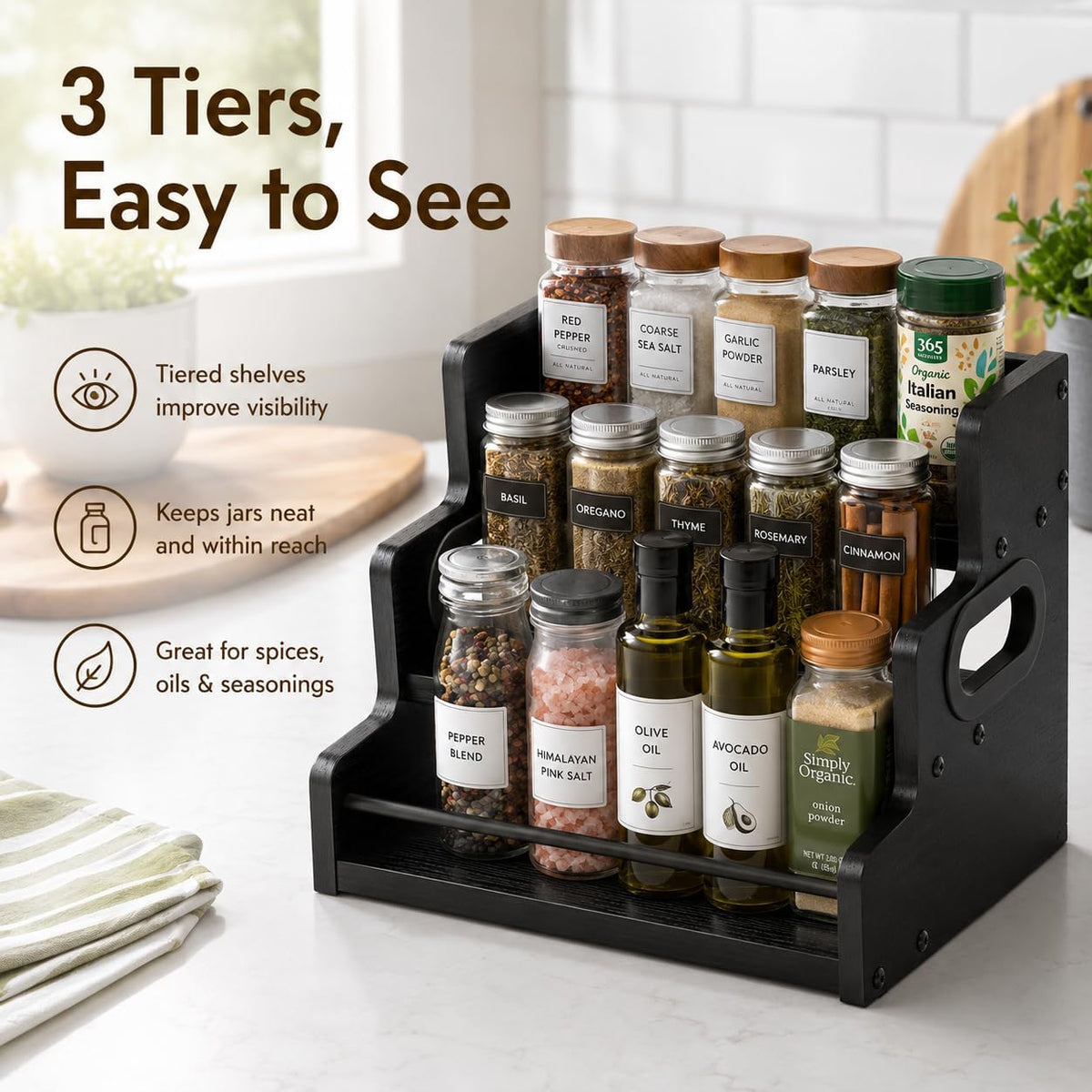 3-Tier Spice Rack Organizer for Cabinet – Wood Spice Shelf Storage – Black - Field & Nook