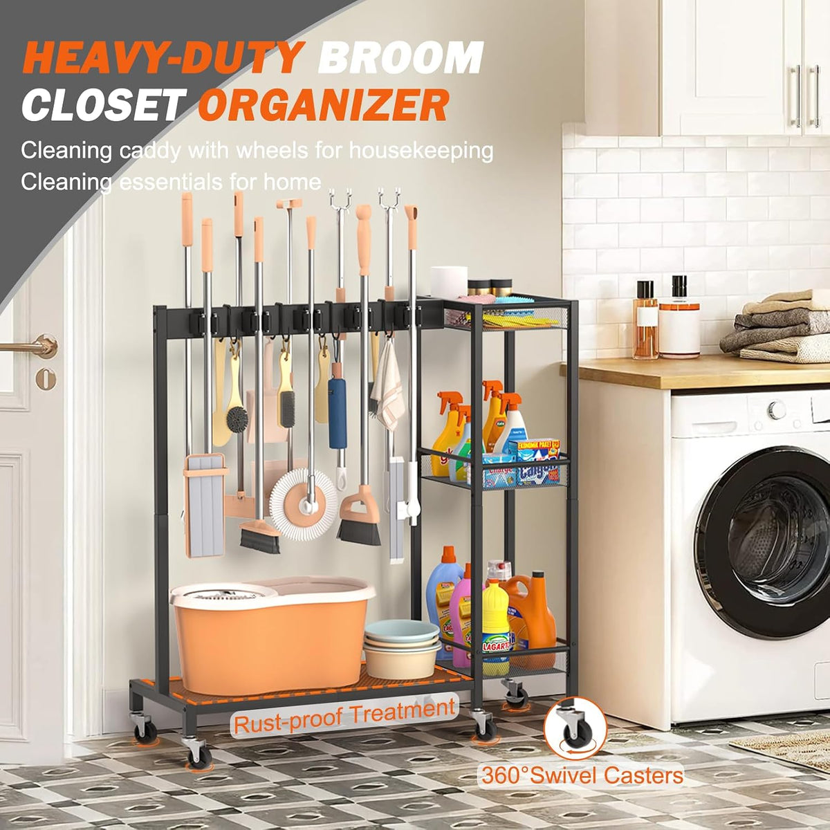 Broom Holder with Cleaning Supplies Organizer – Janitorial Housekeeping cart - Field & Nook