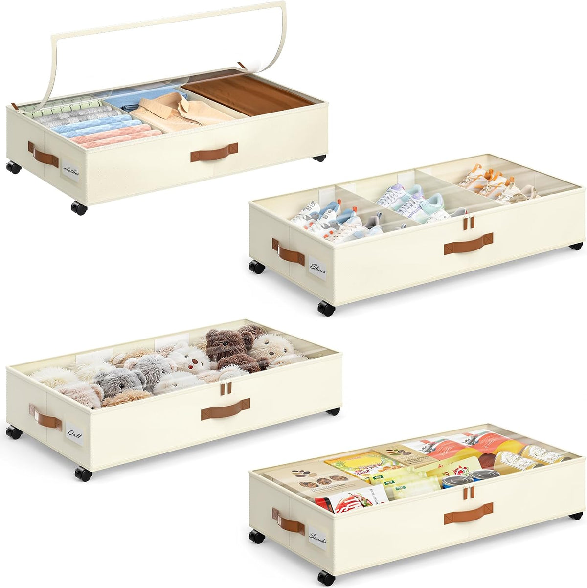 Yecaye Under Bed Storage with Wheels, 4 Pack Under Bed Storage Containers with Adjustable Dividers & Clear Window, Rolling Underbed Organizer Bins Drawers for Clothes, Shoes, Blankets, Beige - Field & Nook
