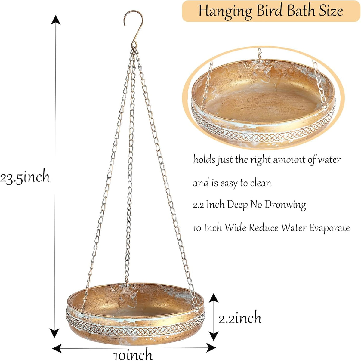 Hanging Metal Bird Bath & Feeder Bowl – 10 in