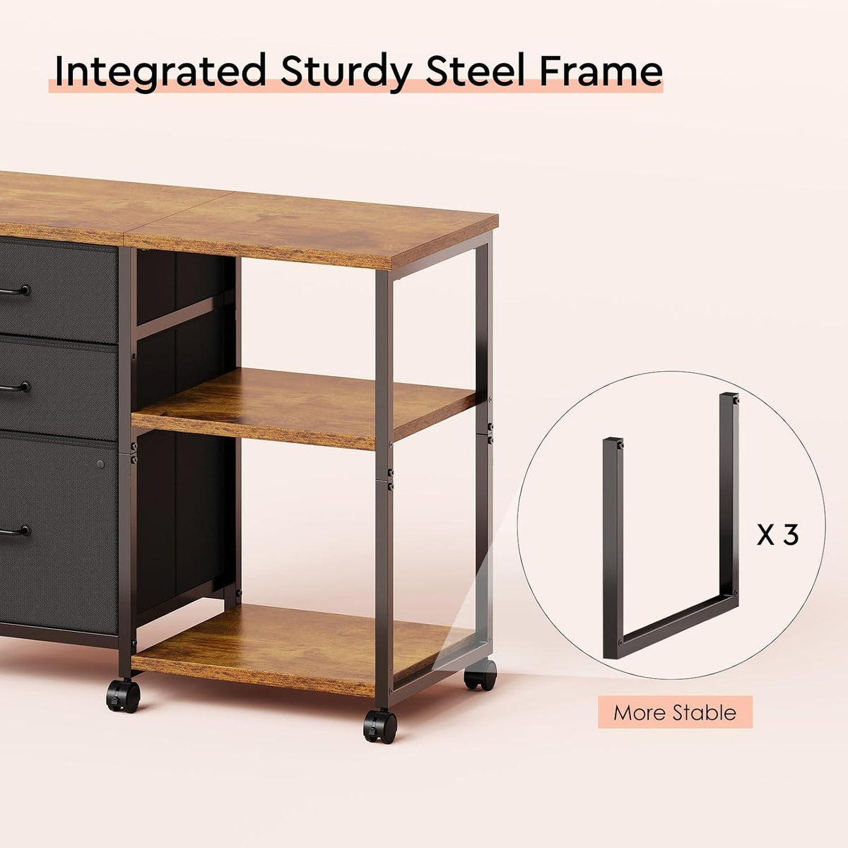 3 Drawer File Cabinet with Wheels Rolling Printer Stand with Open Storage Shelf Fabric Lateral Filing Cabinet for Home Office,Rustic Brown - Field & Nook