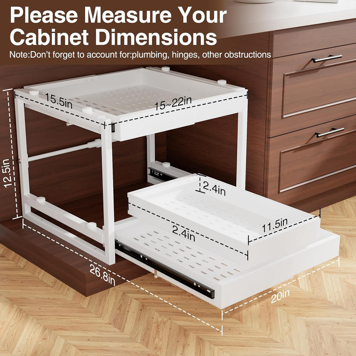 2-Tier Expandable Pull Out Cabinet Organizer, Heavy Duty Adjustable Width Metal Slide Out Shelf, No Screw Cabinet Storage Rack for Kitchen Bathroom 17in Depth Cabinet（White） - Field & Nook